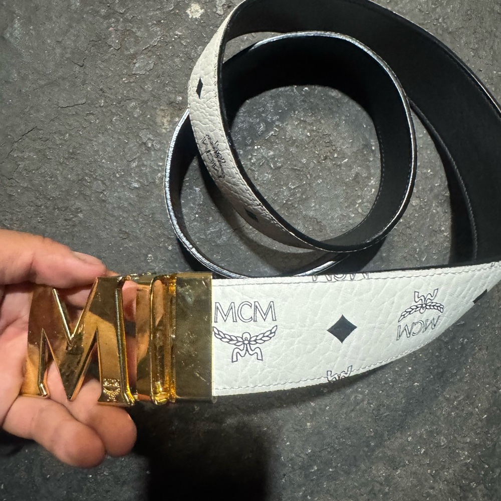 MCM Gold Buckle Belt with White and Black Strap